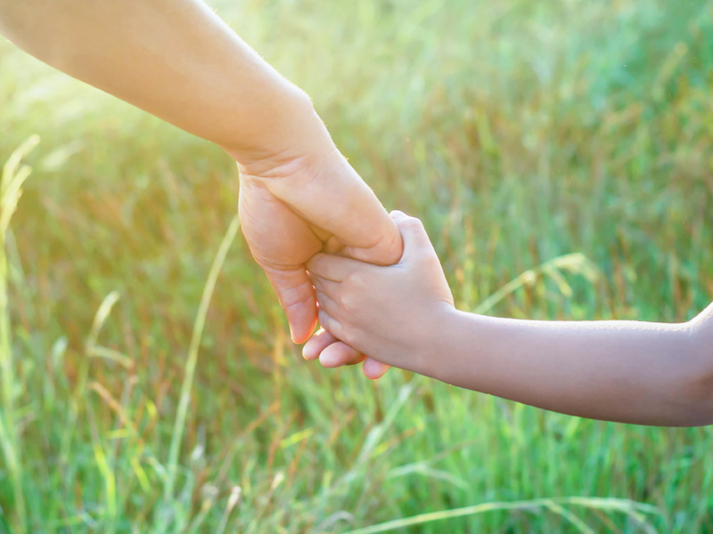 a parent holds the hand of a small child